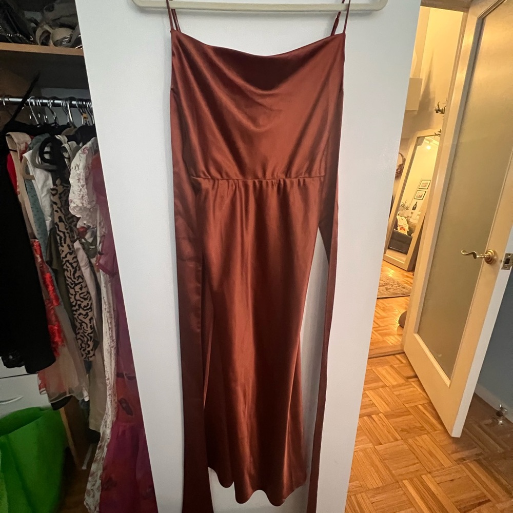 Satin Bias-Cut Midi Dress Side Slit - Rust